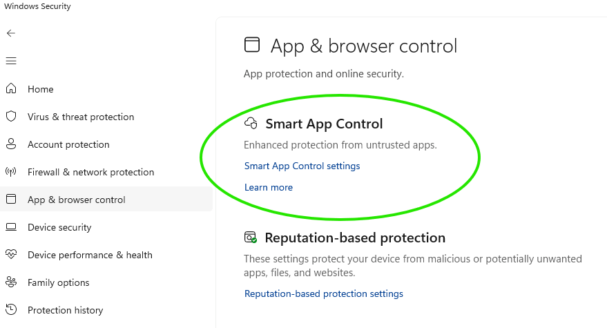 Smart App Control options