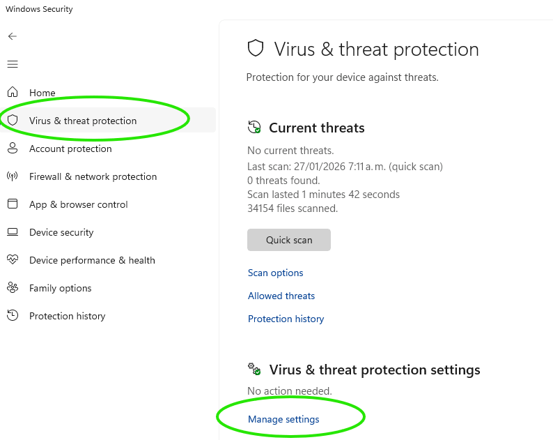 Windows Defender exclusion settings